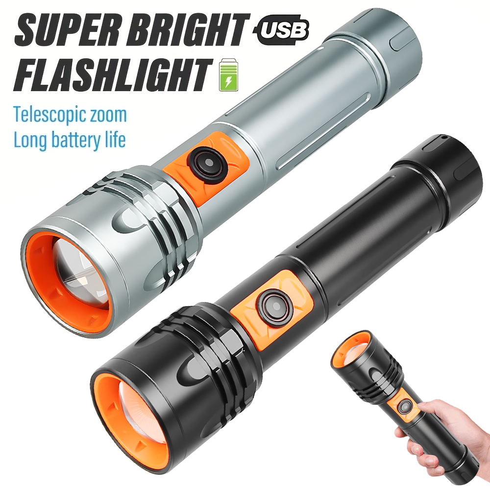 Outdoor Lighting Bulbs - ไฟฉาย LED พลังงานสูงไฟฉายแบบชาร์จไฟได้ USB พร้อมซูมแบบยืดไสลด์โคมไฟยุทธวิธีซุปเปอร์ไบรท์สำหรับตกปลาตั้งแคมป์กลางแจ้ง