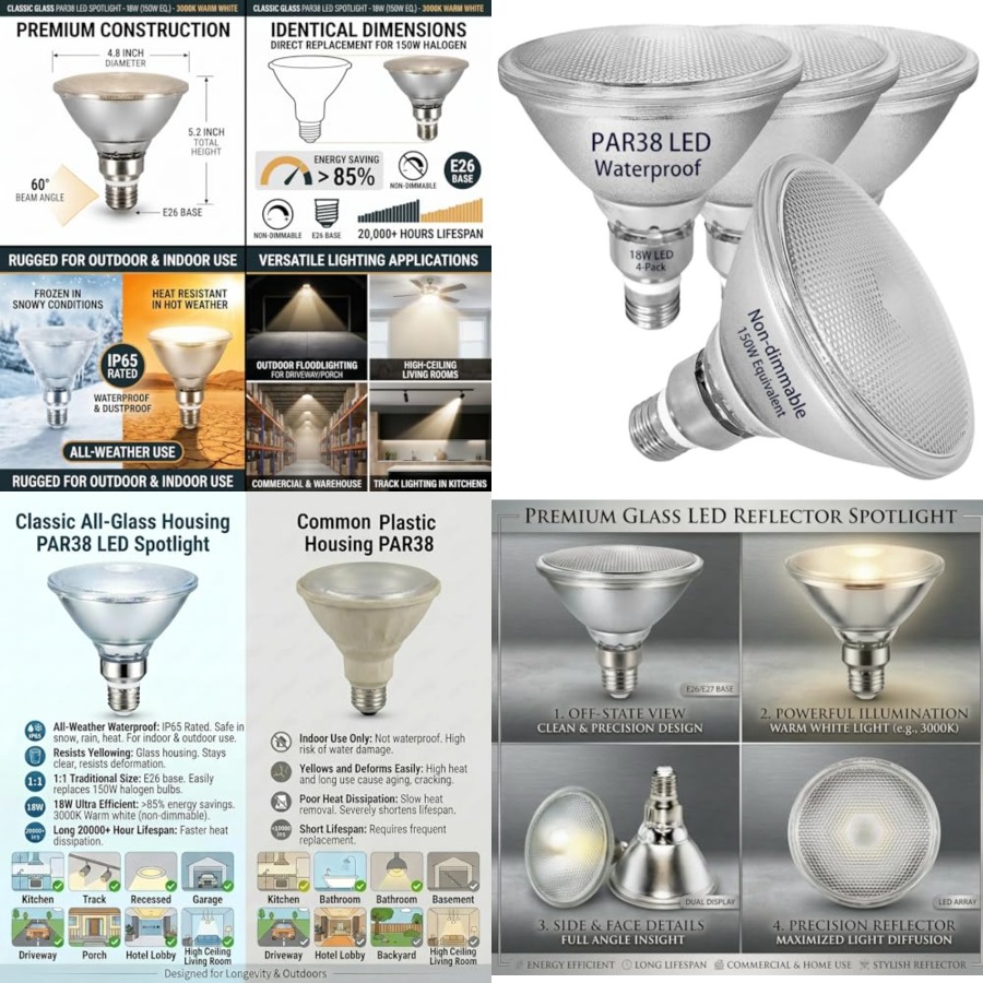 Outdoor Lighting Bulbs - หลอดไฟ LED PAR38 แบบกระจกสะท้อนแสง, แสงสีขาวอบอุ่น, 18W,
