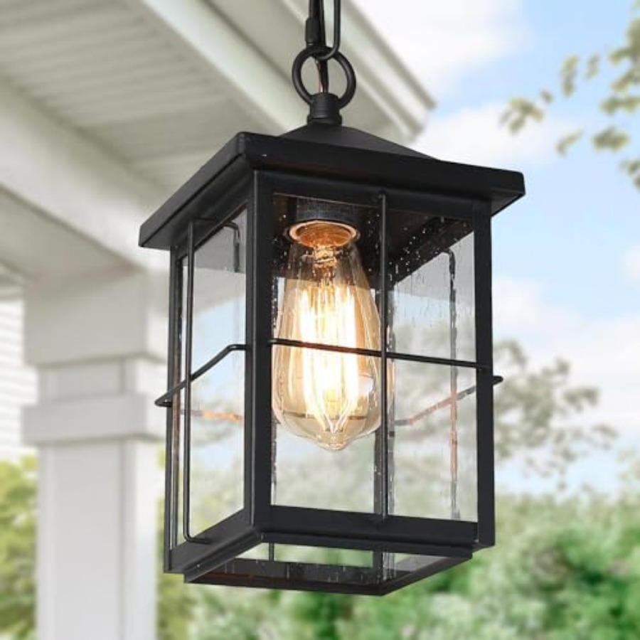 Hanging Outdoor Lighting - โคมไฟแขวนกลางแจ้ง, โคมไฟเพดานสไตล์ฟาร์มเฮาส์สีดำกันสนิมพร้อมกระจกฝ้า, โคมไฟแขวนทรงสี่เหลี่ยมสำหรับภายนอก