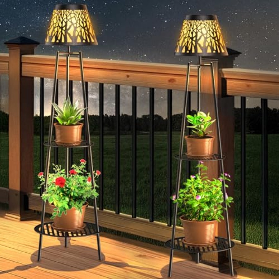 Outdoor Lighting For Garden - โคมไฟตั้งพื้นพลังงานแสงอาทิตย์สำหรับกลางแจ้ง 2 ชิ้น พร้อมขาตั้งต้นไม้ ไฟสวนโลหะกันน้ำ พร้อมชั้นวาง