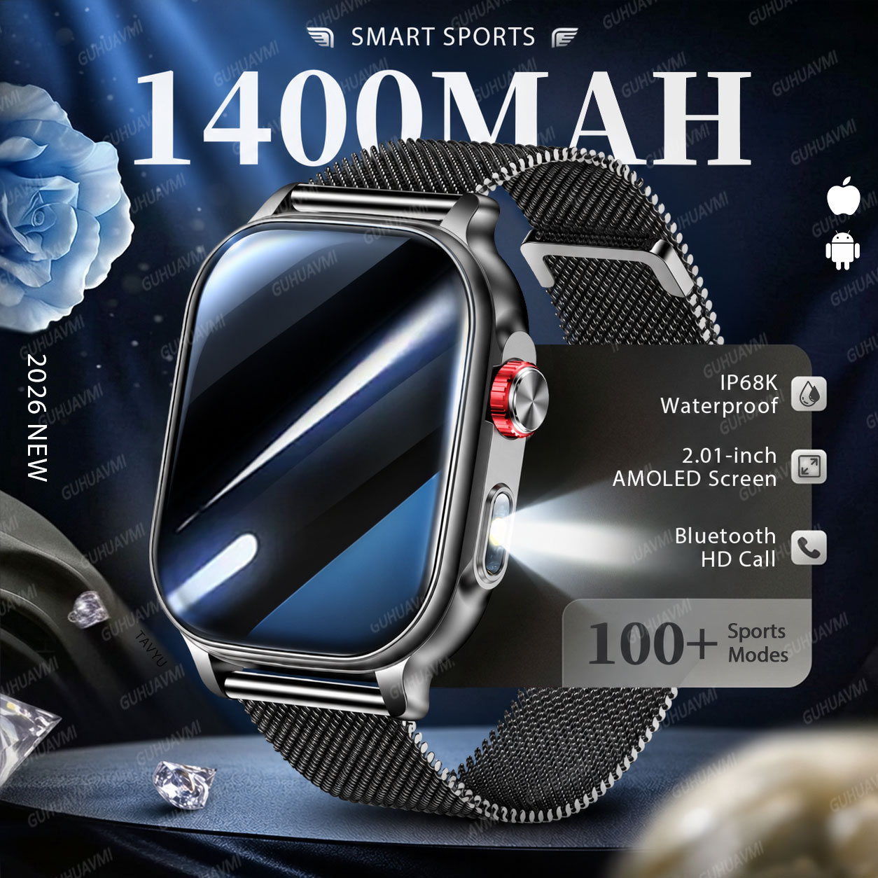 Outdoor Lighting Japanese - สมาร์ทวอทช์แฟชั่นใหม่ แบตเตอรี่ 1400mAh รองรับกีฬาและว่ายน้ำ 100+ โหมด
